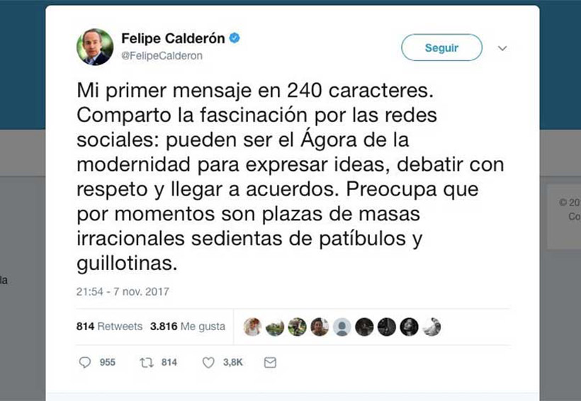 Calderón tuiteó la ‘fascinación’ de los ‘240 caracteres’… ¡y son 280! | El Imparcial de Oaxaca