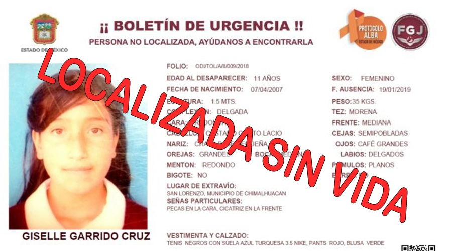 Hallan el cadáver de niña desaparecida en Estado de México