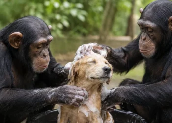 Video: Enternecen las redes sociales dos chimpancés bañando a un perrito