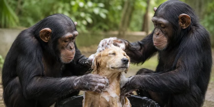 Video: Enternecen las redes sociales dos chimpancés bañando a un perrito