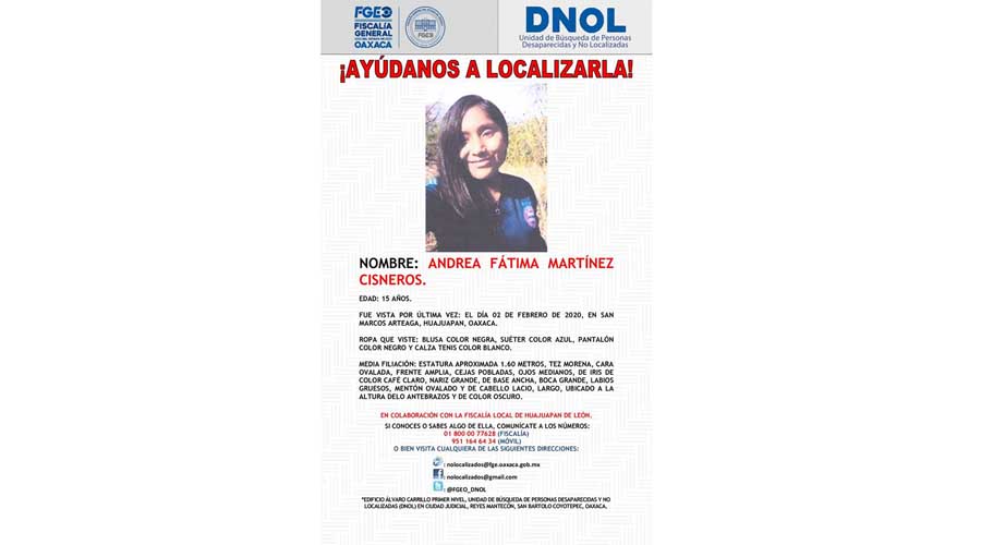 Sin rastro de adolescente desaparecida en San Marcos Arteaga, Oaxaca