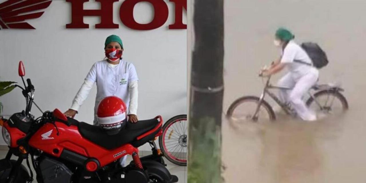 Video: Regalan moto a enfermera que se hizo viral tras cruzar en bici calles inundadas