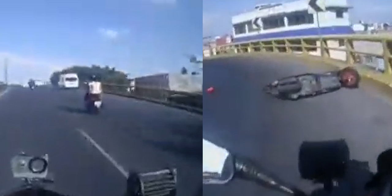 VIDEO: Mujeres que viajaban en moto chocan y caen de puente