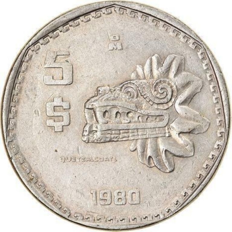 moneda de 5 pesos en la que sale Quetzalcoátl
