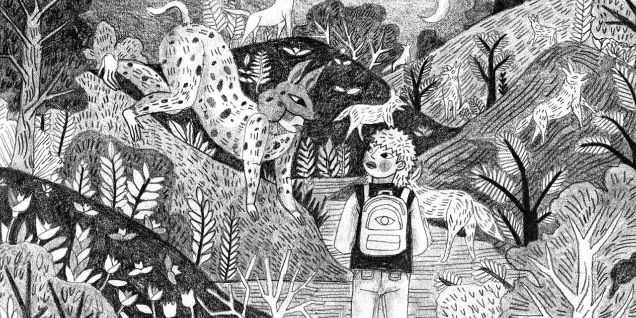 Ilustración: Rosario Lucas // Ilustración del libro que retrata al personaje de Lupe, quien huye de casa y conoce el fenómeno de la desaparición.