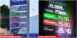 A la izquierda, los precios de los combustibles en la gasolinera de Tlacochahuaya, a finales de 2018; a la derecha, los nuevos precios en una de las estaciones de servicios de la capital, este martes.