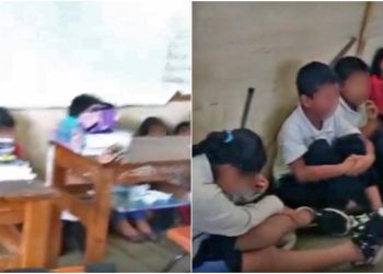 Fotos: cortesía // Estudiantes de primaria y preescolar de Yosoyuxi, Copala se refugian en un aula ante el sonido de las ráfagas de armas de grueso calibre.
