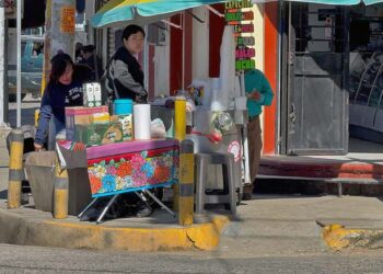 Una de las esquinas más transitadas de la ciudad sitiada por uno de los puestos ambulantes que, incluso, invade una de las rampas para discapacitados.
