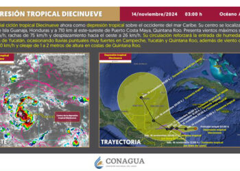 Depresión tropical número 19 encamina su trayectoria al sureste