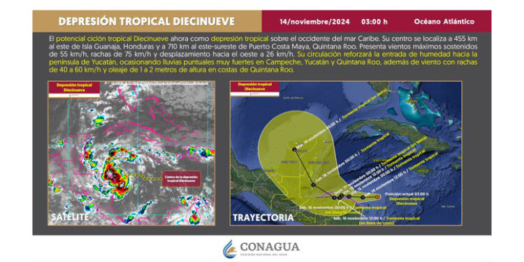 Depresión tropical número 19 encamina su trayectoria al sureste