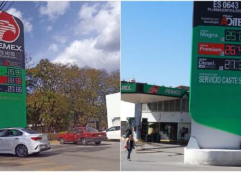 (Foto izquierda) En la estación de servicio de San Pablo Etla, en la carretera 190, el litro de la Magna llegó a 25.94 pesos - (foto derecha) En gasolineras de la ciudad capital, el litro de la Magna ya se acerca a los 26 pesos.