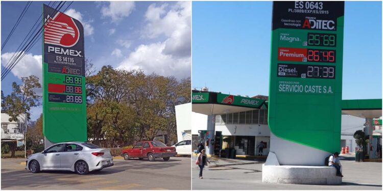 (Foto izquierda) En la estación de servicio de San Pablo Etla, en la carretera 190, el litro de la Magna llegó a 25.94 pesos - (foto derecha) En gasolineras de la ciudad capital, el litro de la Magna ya se acerca a los 26 pesos.