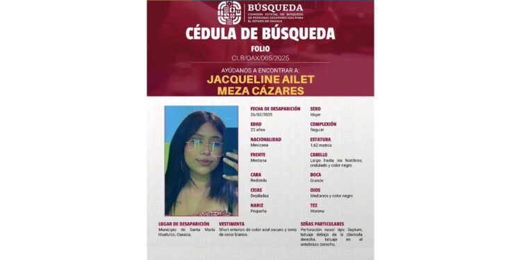 Buscan a Jacqueline Ailet Meza Cázares, joven desaparecida en la Costa de Oaxaca