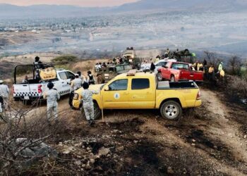 Foto: Gobierno de Oaxaca // Combatientes hacen frente al incendio forestal en Santo Domingo Tomaltpec.