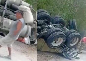 ¡Rapiña en la carretera! Camión con cemento vuelca en el Mojón y pobladores lo saquean sin piedad