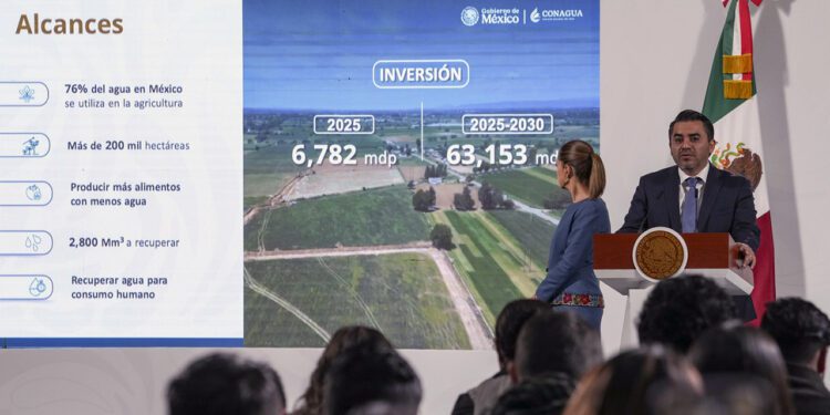 Foto: presidencia de la república // La presidenta Claudia Sheinbaum y el director general de Conagua, Efraín Morales López, anuncian una inversión histórica de más de 60 mil millones de pesos como parte del programa México se Tecnifica.