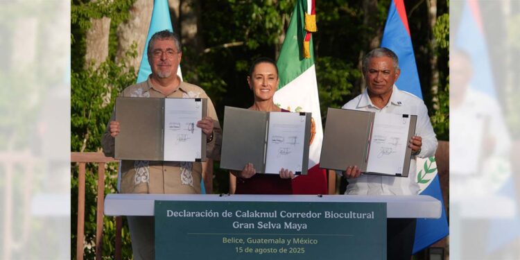 Foto: Presidencia de la República // Los mandatarios de Guatemala, Bernardo Arévalo de León; de México, Claudia Sheinbaum Pardo, y el primer ministro de Belice, Johnny Briceño, firman acuerdo de cooperación para el desarrollo, en Petén, Guatemala.