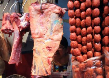 Foto: Adrián Gaytán // La comerciante Reyna Mejía señala que el producto pasa por una revisión sanitaria en el rastro.