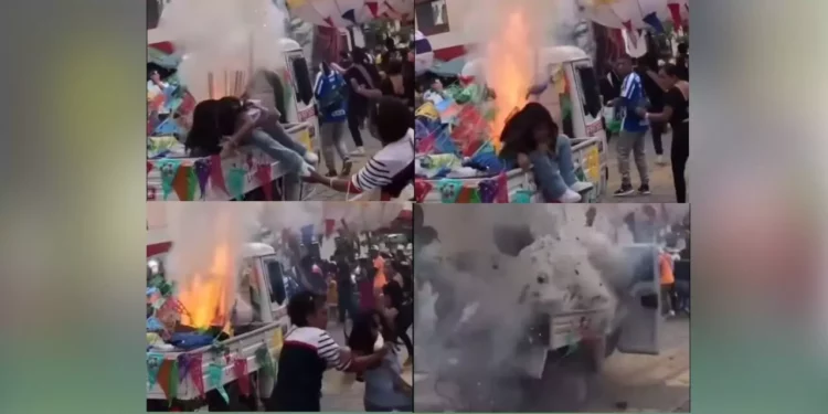 VIDEO | ¡El peligro disfrazado de tradición! Explosión de pirotecnia pone en riesgo la vida de una menor en Oaxaca