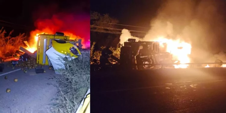 Volcadura e incendio de camión torton en Ocotlán genera pánico entre automovilistas
