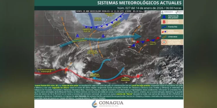 Frente frío 28 provocará lluvias intensas, evento de Norte y descenso térmico en Oaxaca
