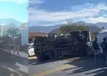 VIDEO | Choque entre camión de volteo y unidad del INM deja dos heridos en la carretera 190