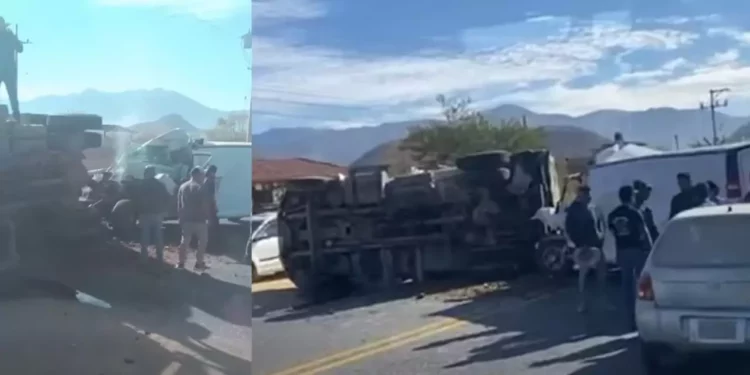 VIDEO | Choque entre camión de volteo y unidad del INM deja dos heridos en la carretera 190