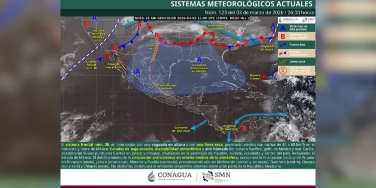 Frente frío 38 activa lluvias y vientos; persiste onda de calor en el sur