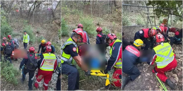 El Heroico Cuerpo de Bomberos utilizó equipo especializado para extraer a los lesionados del barranco de 20 metros de profundidad.