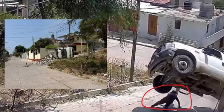 VIDEO | Casi muere aplastado tras volcadura de camioneta cargada de tabiques en Huajuapan