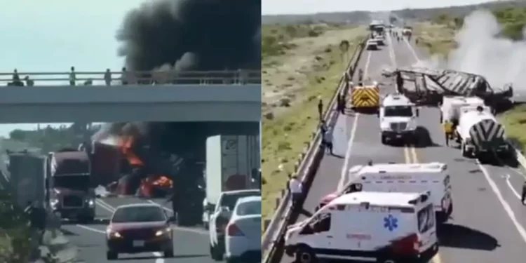 VIDEO | Tráiler vuelca y arde en la Cuacnopalan-Oaxaca; un hombre muere calcinado