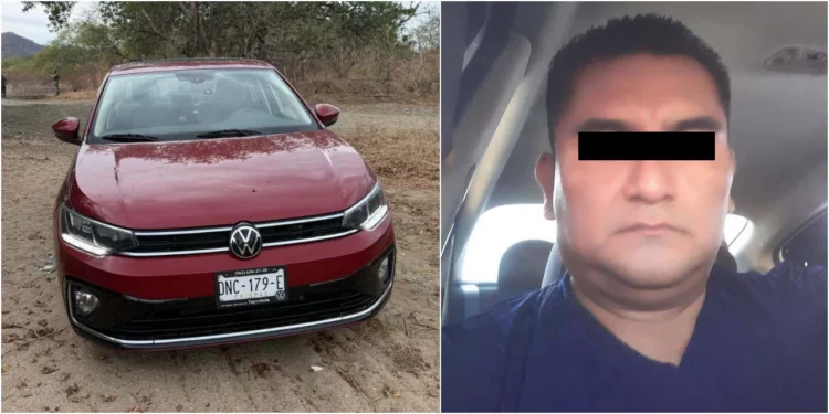 El automóvil Volkswagen Virtus color guinda con placas de Chiapas. La víctima presentaba disparos en la cabeza.