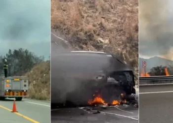 Auto arde en llamas sobre la supercarretera Oaxaca-Costa y desata incendio de pastizales