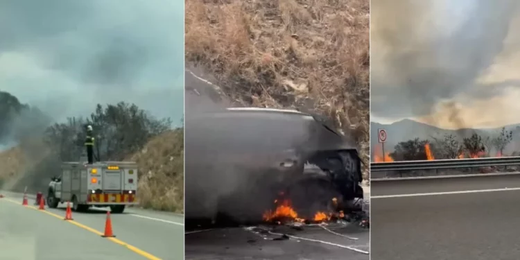 Auto arde en llamas sobre la supercarretera Oaxaca-Costa y desata incendio de pastizales