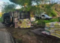 El camión Ford Aeromax quedó recostado sobre la maleza a un costado de la Costera 200.
