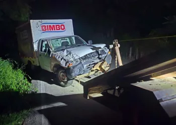 La camioneta de la empresa Bimbo terminó volcada a un costado de la carretera.