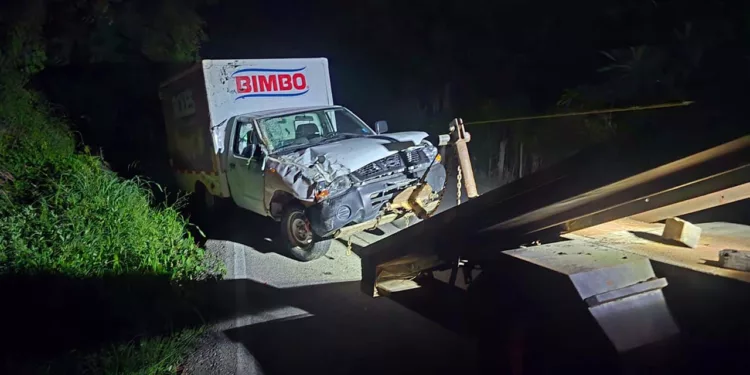 La camioneta de la empresa Bimbo terminó volcada a un costado de la carretera.