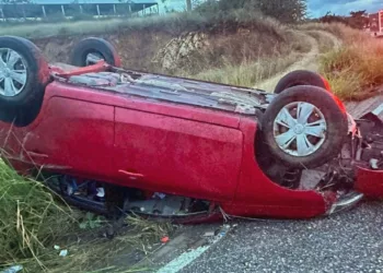 El automóvil Nissan March terminó volcado entre la maleza.