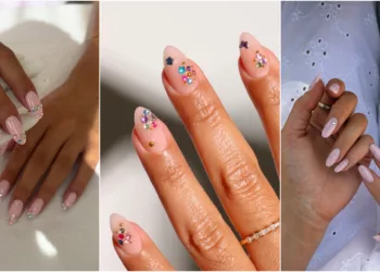 Izquierda: Bedazzling nails con brillos de figuras – Centro: Manicura bedazzled sobre base neutra – Derecha: Uñas bedazzled minimalistas.