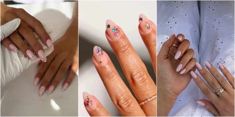Izquierda: Bedazzling nails con brillos de figuras – Centro: Manicura bedazzled sobre base neutra – Derecha: Uñas bedazzled minimalistas.