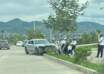 ¡Derrumba poste! Destroza su auto tras subirse al camellón en Acatlima