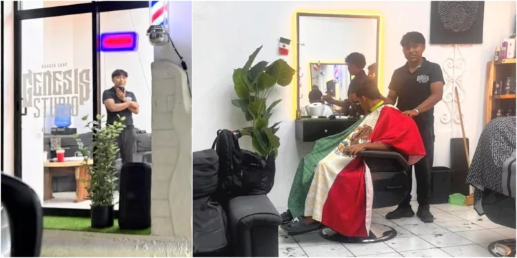 Peluquero en Puerto Escondido usa la bandera como capa para cortar el pelo